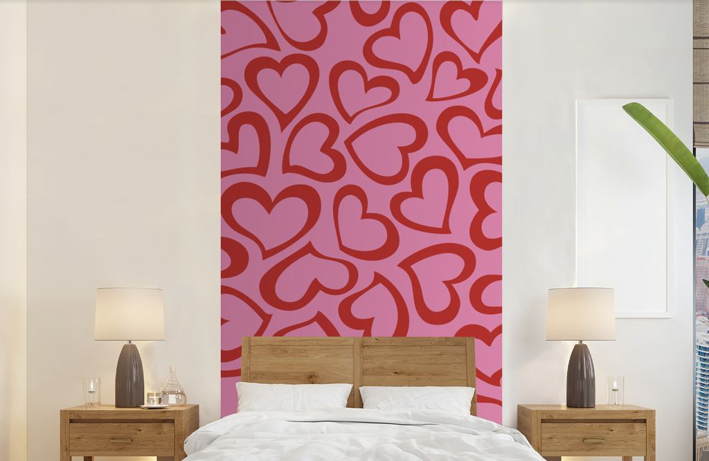 MuchoWow Fototapete für Wohnzimmer oder Schlafzimmer Wandtapete Vinyl Motivtapete Eine Illustration der Tapete mit roten Herzen - 120x240 cm - H...