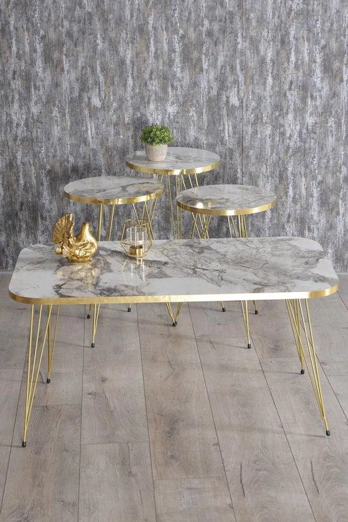 Tables basses gigognes ovales effet marbre et métal doré Lot de 4 pièces