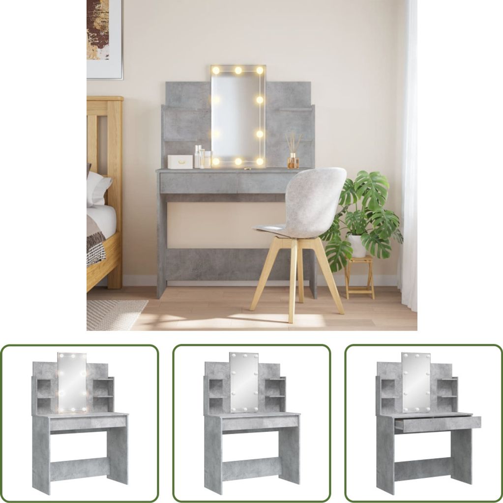 The Living Store Schminktisch mit LED-Leuchten Betongrau 96x40x142 cm