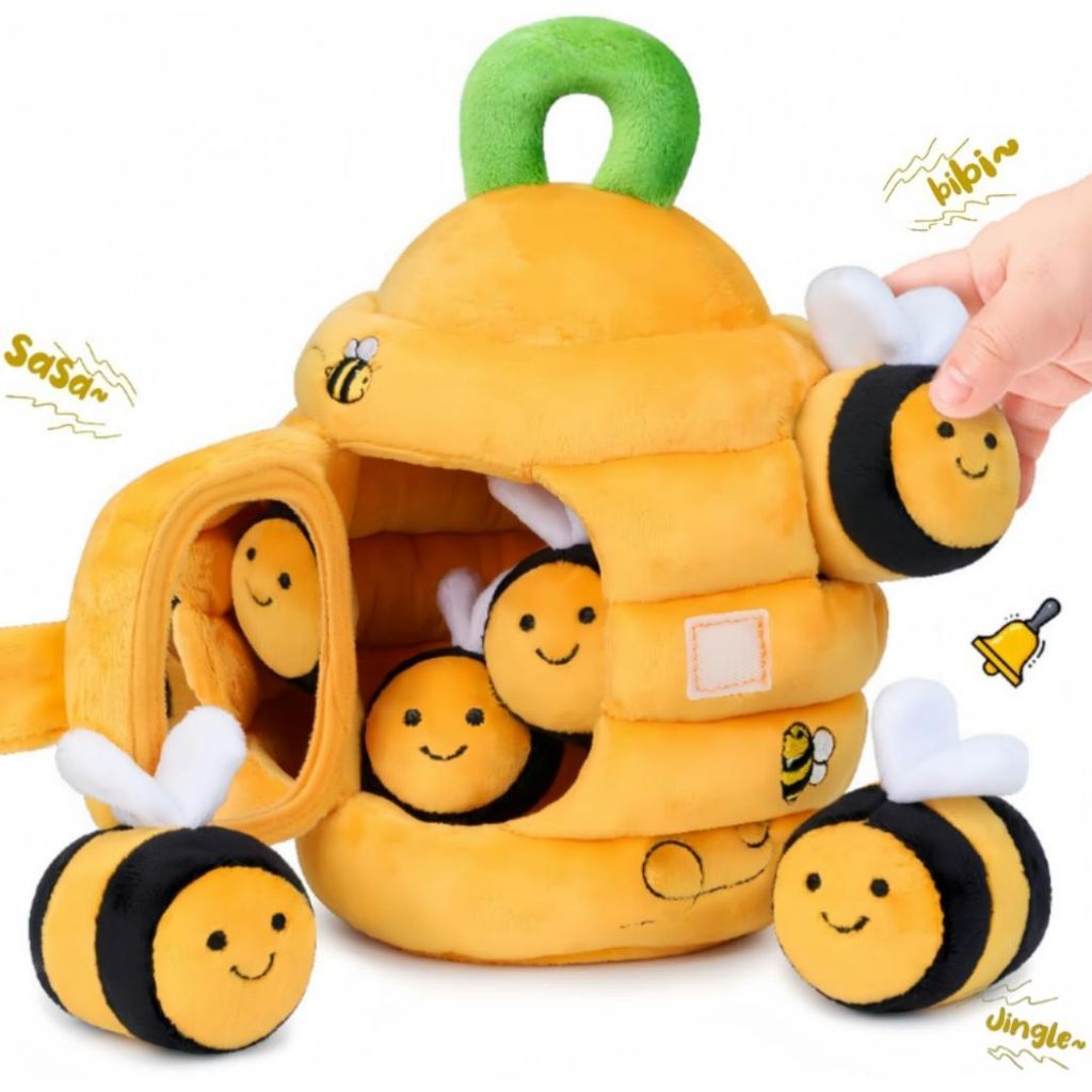 Bienenstock Kuscheltier, Baby mit 5 Bienen, 6-in-1 Sensorik Spielzeug, Kinder Lernspiele & Motorikspielzeug für Kinder