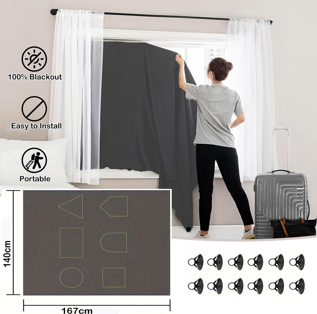 Verdunkelungsvorhang 140 x 167 cm mit Saugnäpfen,Heimwerken Tragbarer Verdunkelungsrollo ohne Bohren,Lichtundurchlässig Gardinen für Dachfen...