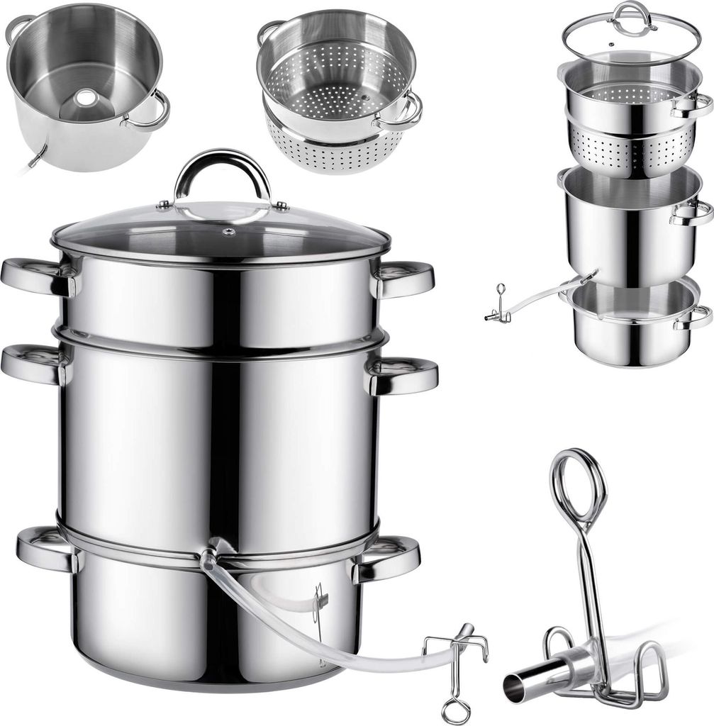 A collage of stainless steel kitchen appliances, including a large multi-tier steamer pot and smaller components.