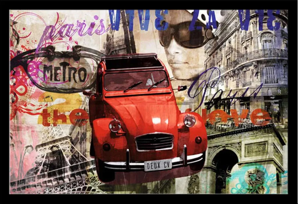 Décoration murale Paris 2CV : poster encadré cadre noir 61x91 cm MDF