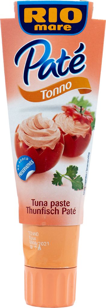 A tube of Rio Mare Paté Tonno (Tuna Paste) with images of stuffed tomatoes and parsley.