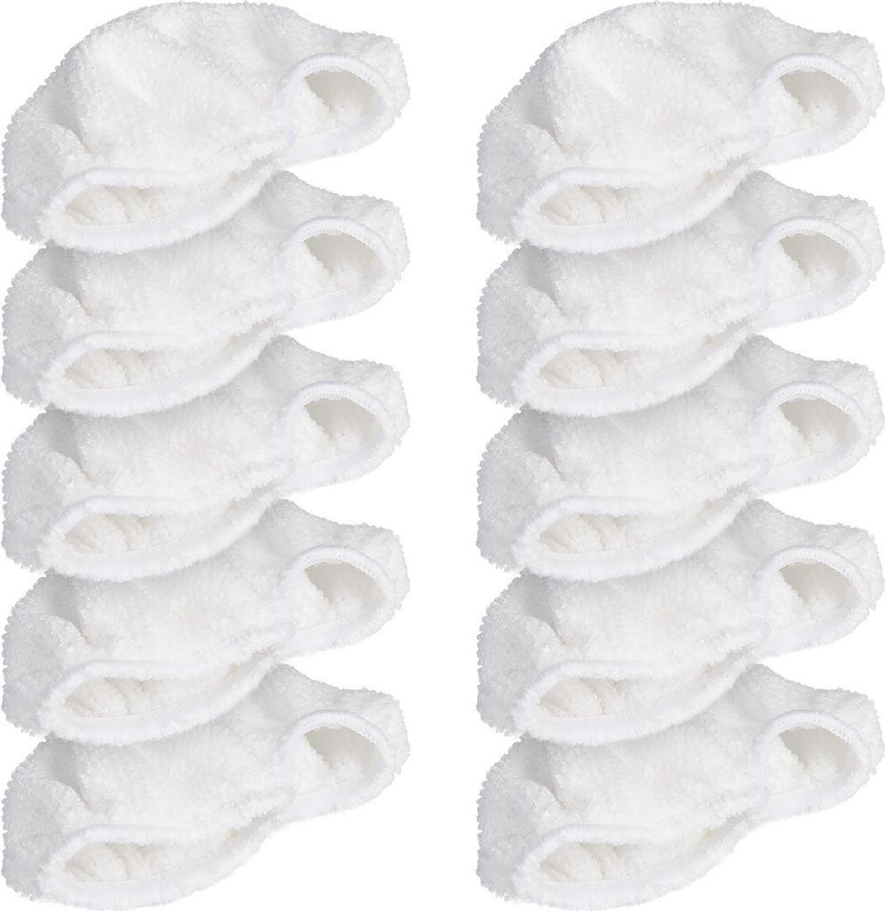 Stacks of white microfiber cleaning pads for a steam mop.