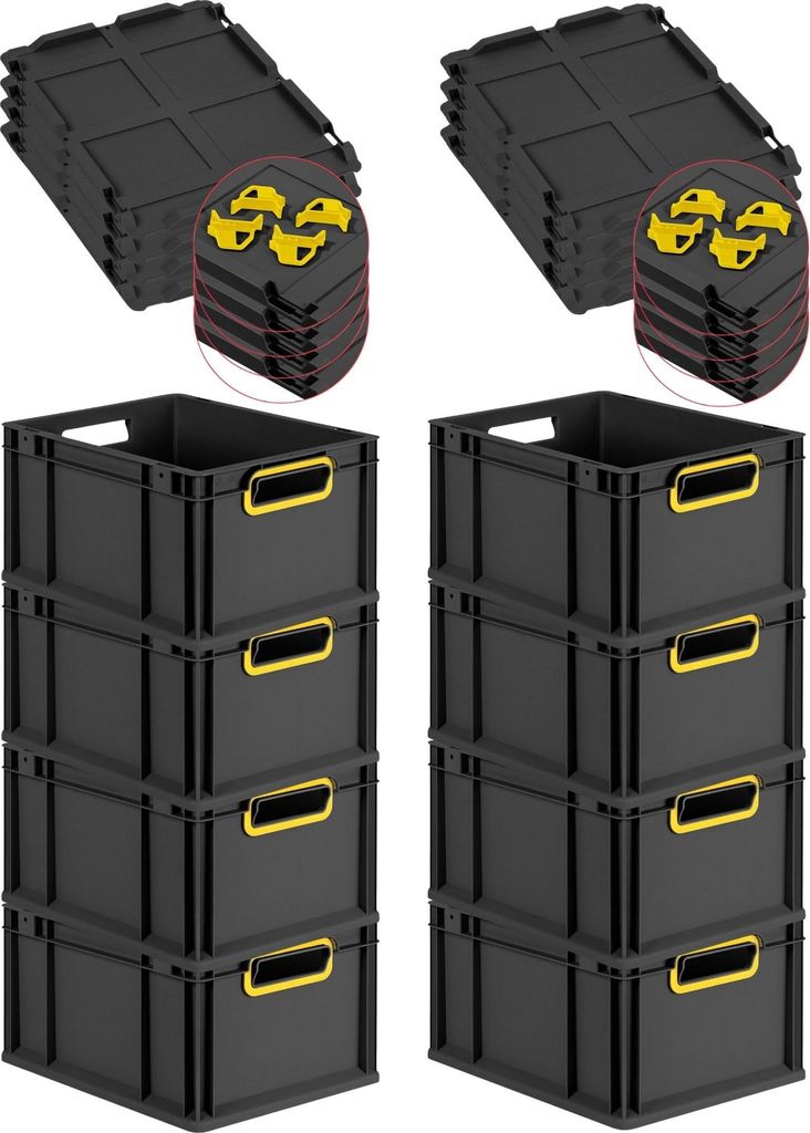 SuperSparSet 8x Eurobox NextGen Color mit Auflagedeckel und Schiebeschnappverschlüsse | HxBxT 22x30x40cm | 20 Liter | Schwarz | Griffe gelb offen ...