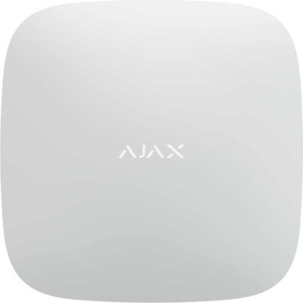 A white Ajax Hub 2 Plus Jeweller alarm control panel is shown from a top-down perspective against a white background.