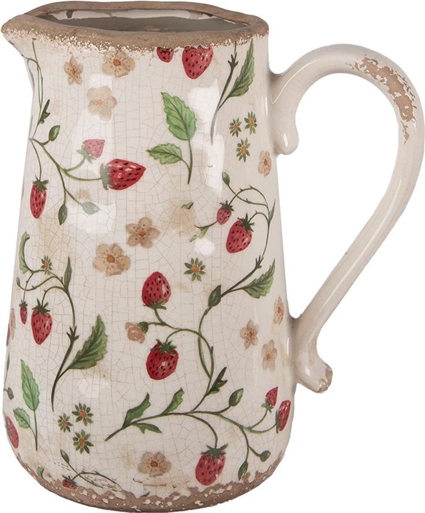 Clayre & Eef Dekorative Kanne 21x15x23 cm Beige Rot Keramik Erdbeeren