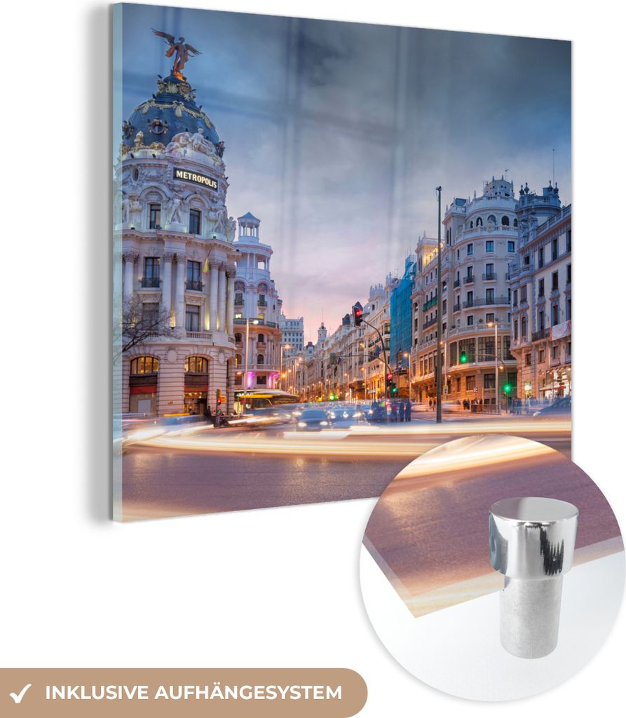 MuchoWow Glasbilder - Bilder auf Wandbild - Foto auf Glas Madrid - Straße - Wolke 50x50 cm Wanddekoration aus Glas - Acrylglasbild - Acrylbilder -...