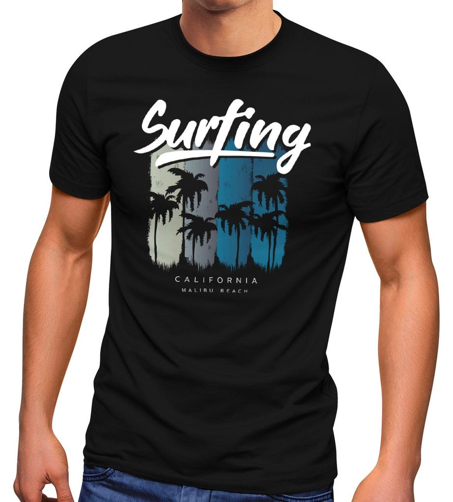 Herren T-Shirt Surfing California Malibu Beach Sommer Strand Palmen Print Aufdruck Fashion Streetstyle Neverless schwarz 3XL
