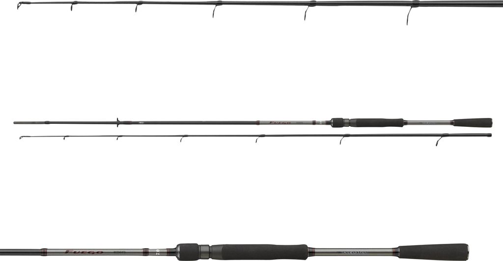 Three fishing rods are shown against a white background.