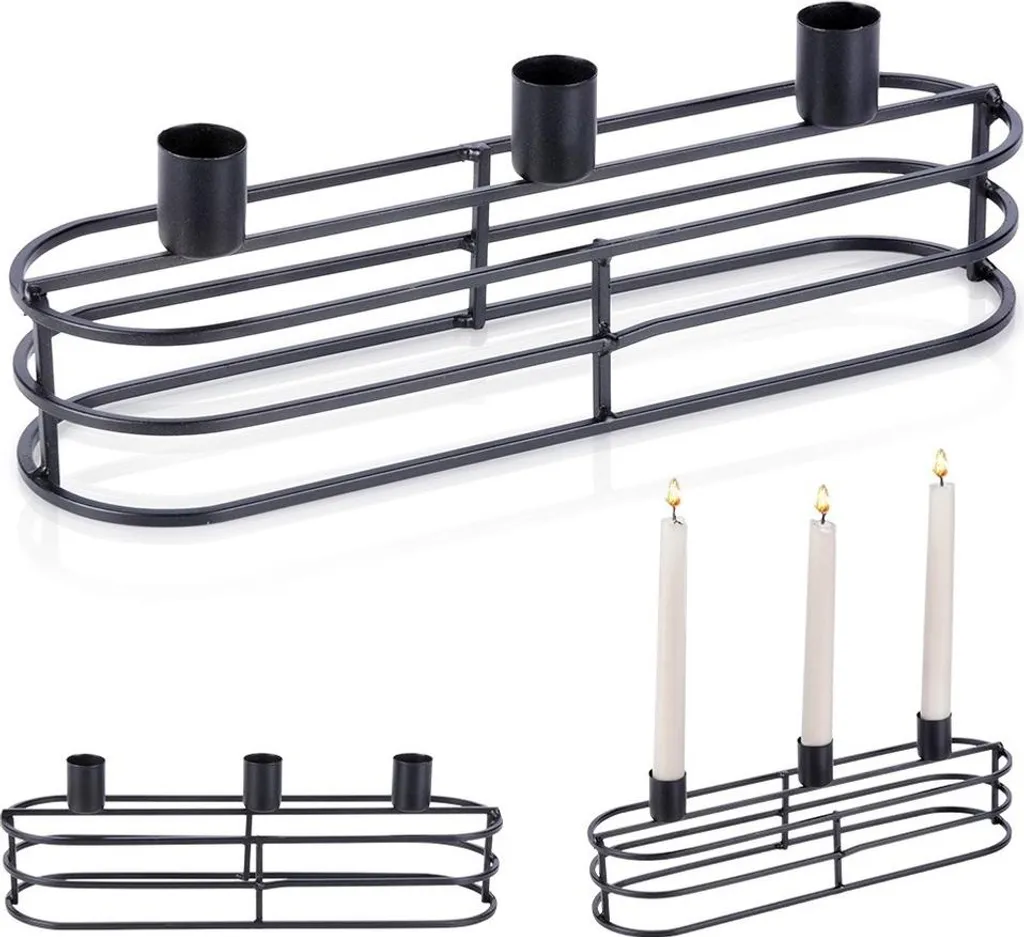 Bougeoir noir en métal pour 3 bougies, chandelier design 35cm