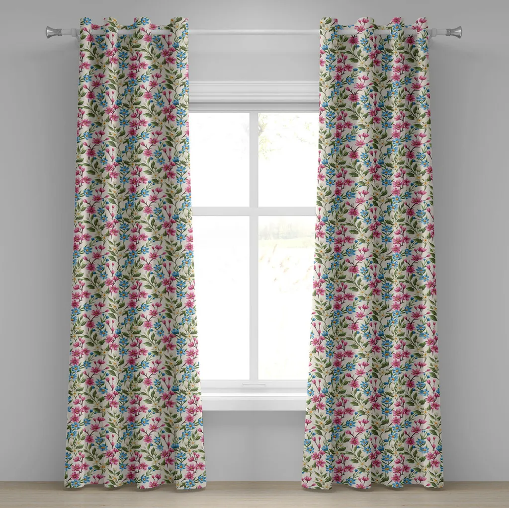 ABAKUHAUS Tenda con occhielli a fiori, boccioli shabby chic, edera e motivo floreale in stile giardinaggio, stampa grafica, tende decorative a 2 pannelli, 280 cm x 225 cm, rosa e blu