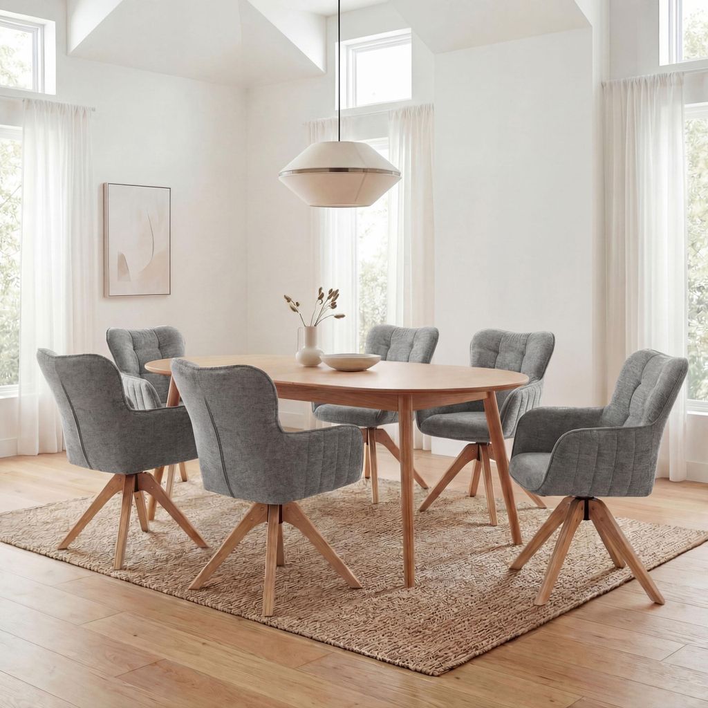 6er-Set Esszimmerstuhl MCW-Q35, Küchenstuhl Armlehne drehbar Auto-Return, Stoff Chenille (680g/m²) Holz MVG grau