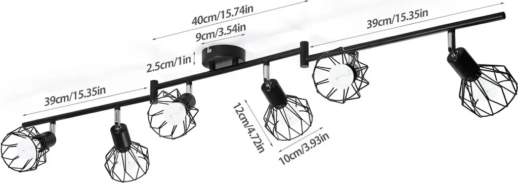 Plafonnier design pour grand salon, 6 foyers lumineux E14 noirs rotatifs