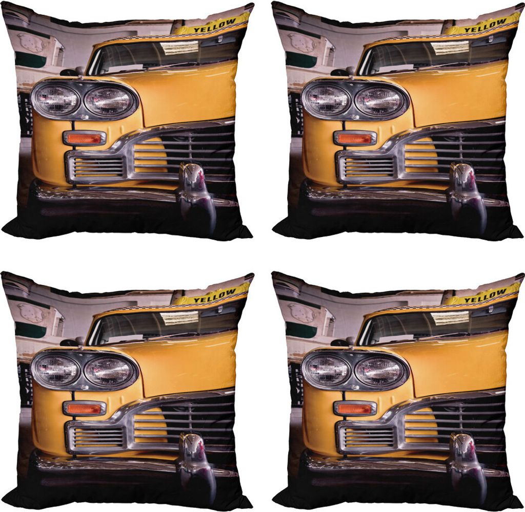 ABAKUHAUS New York Kissenbezug Set (4 Stück), Antique Yellow Taxi, Moderner Doppelseitiger Digitaldruck, 45 cm x 45 cm, gelb Grau