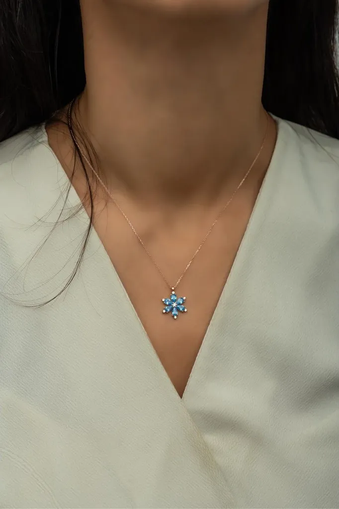 Pendentif Fleur avec Zircone Bleu Aqua et Collier Argent 925 Véritable