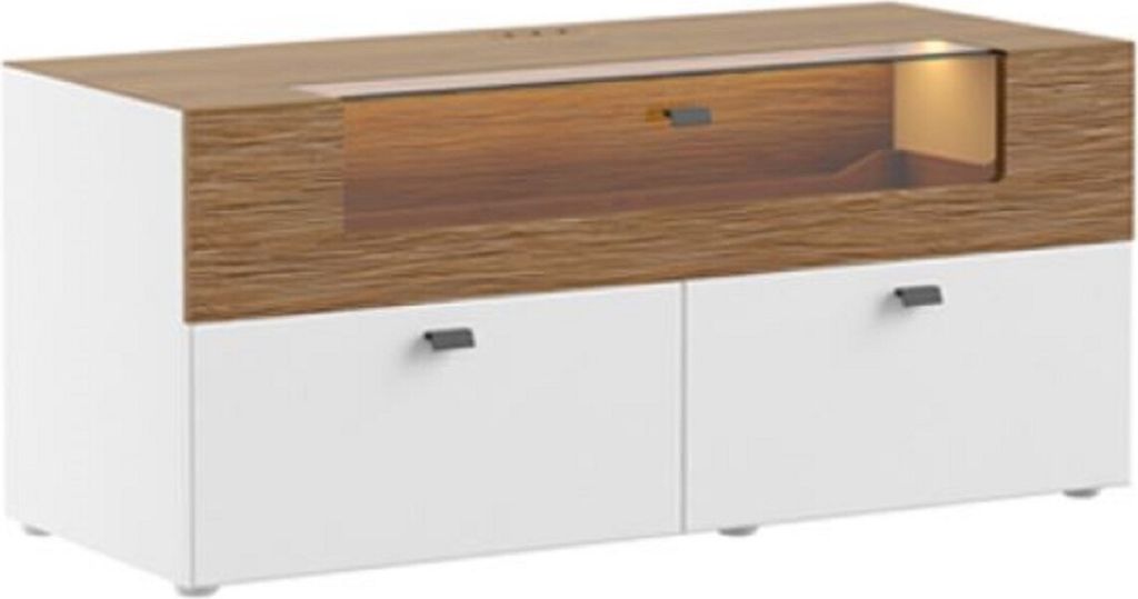 Casa Padrino TV Schrank Braun / Weiß 125 x 48 x H. 55 cm - Beleuchteter Massivholz Fernsehschrank mit Schubladen - Moderne Wohnzimmer Möbel