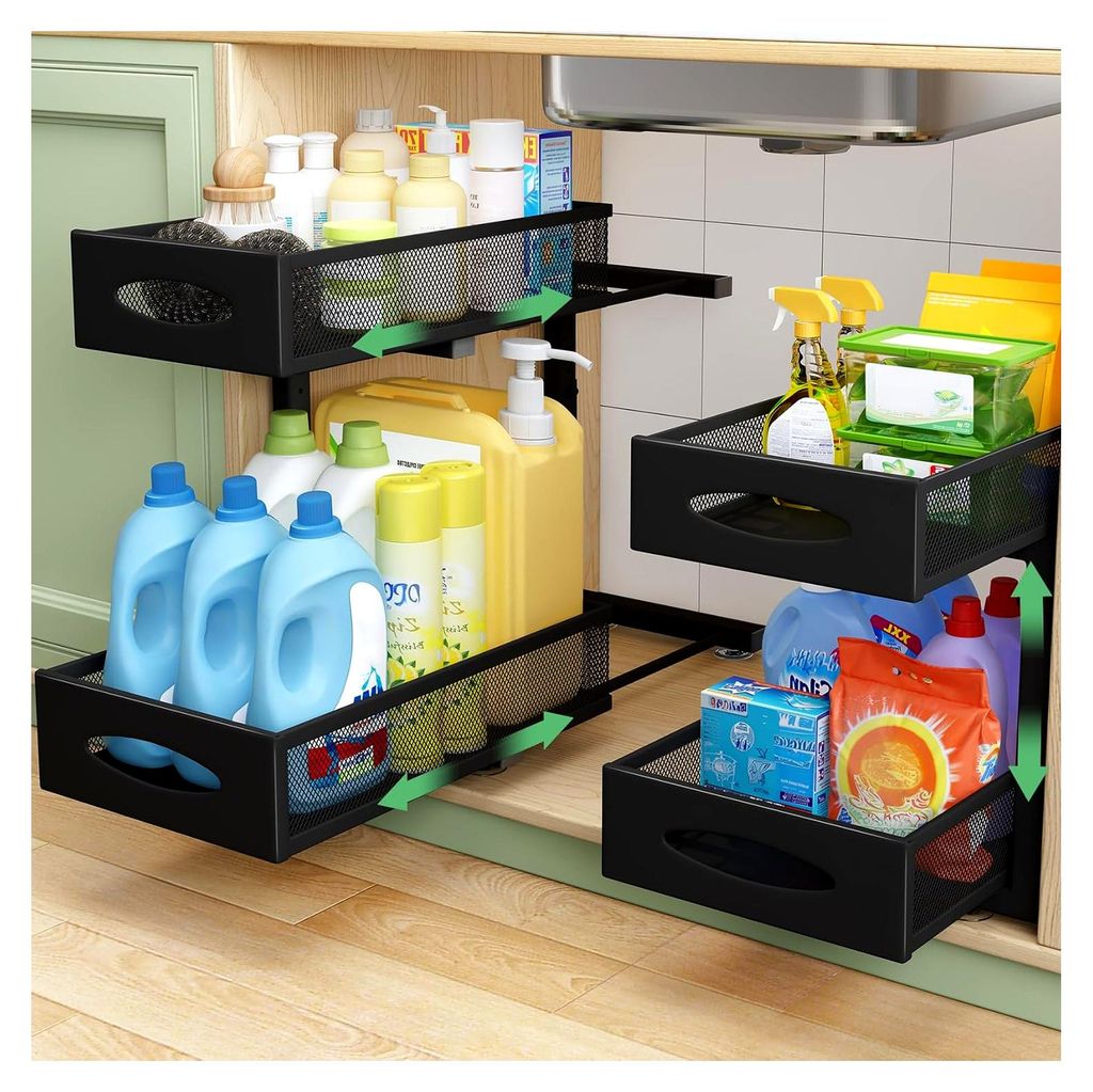 Küchen Organizer 2er Set - Metall Spülschrank & Unterschrank Organizer mit 2 Ebenen und Höhenverstellung - Schubladen mit Schiebemaschen für K...