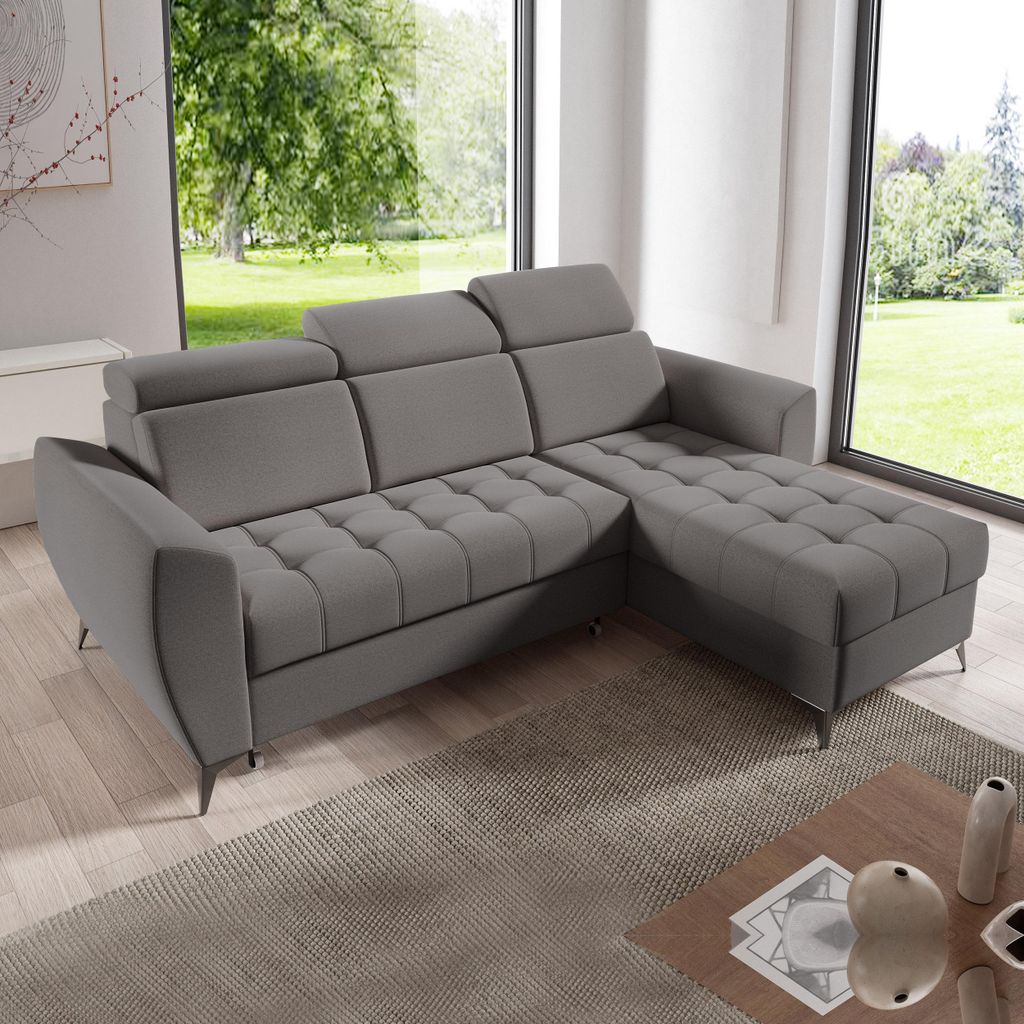 Ecksofa AURORA I mit Schlaffunktion, Bettkasten & universeller Ottomane, Grau