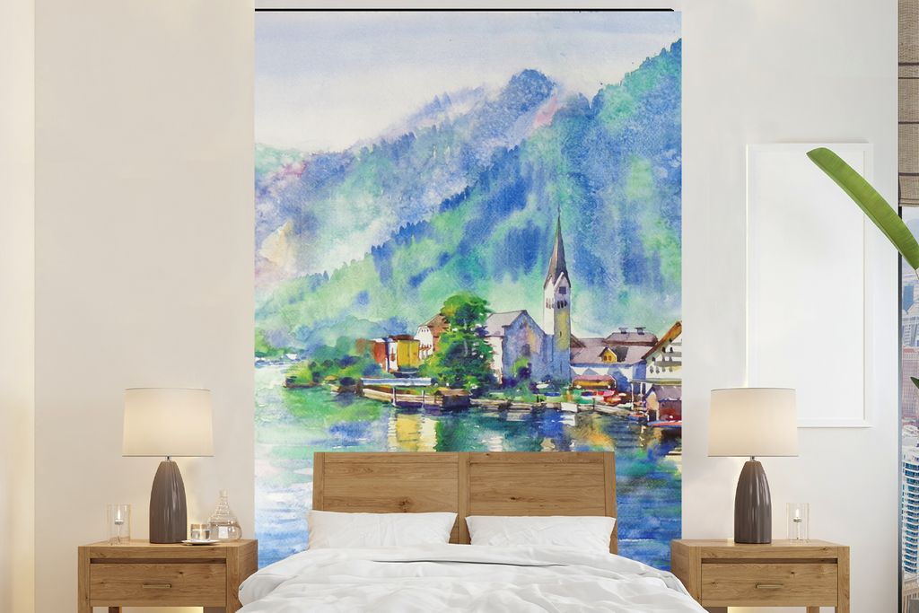 MuchoWow Fototapete für Wohnzimmer oder Schlafzimmer Wandtapete Vinyl Motivtapete Gemälde - Ölfarbe - Haus - Berge - Wasser - 160x240 cm - Vin...