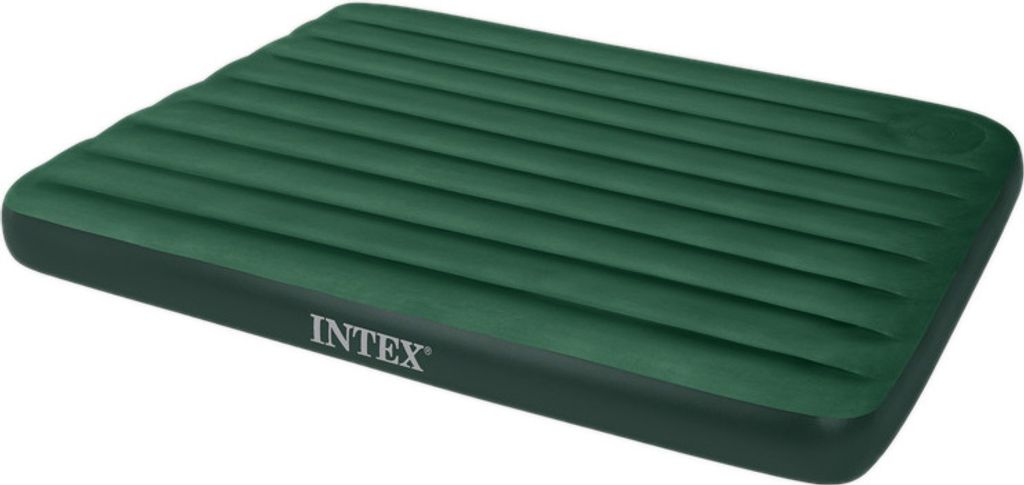A green Intex air mattress is shown from a diagonal angle against a white background.