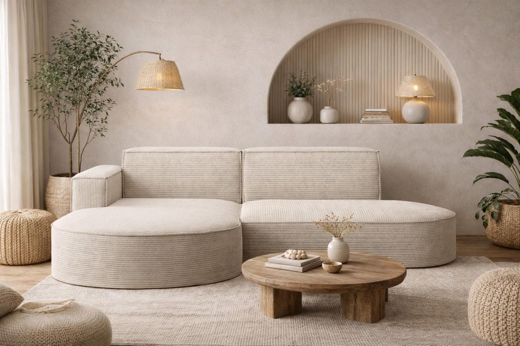 A modern living room scene featuring a sectional sofa.