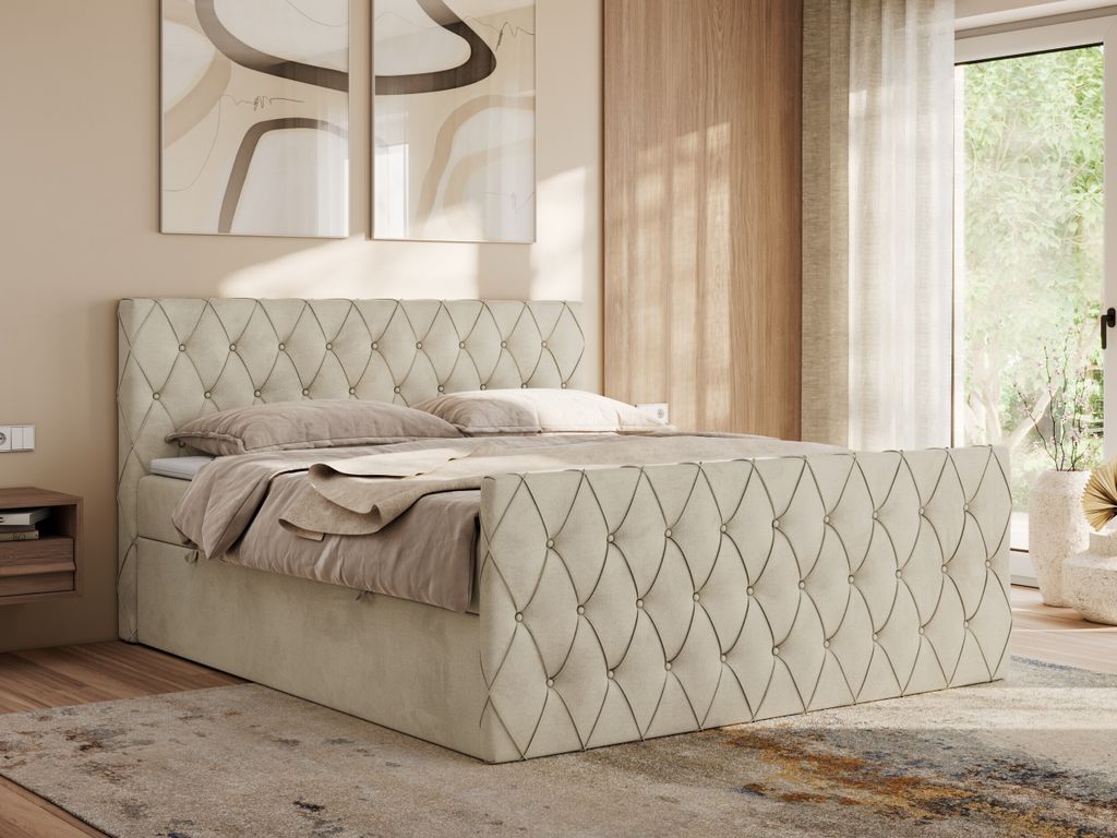 MKS MEBLE Boxspringbett 120x200 mit Bettkasten, Bett 120x200 mit Matratze H4, Boxspringbett 120x200 mit Topper - Miren Duo - Beige Velvet - H4