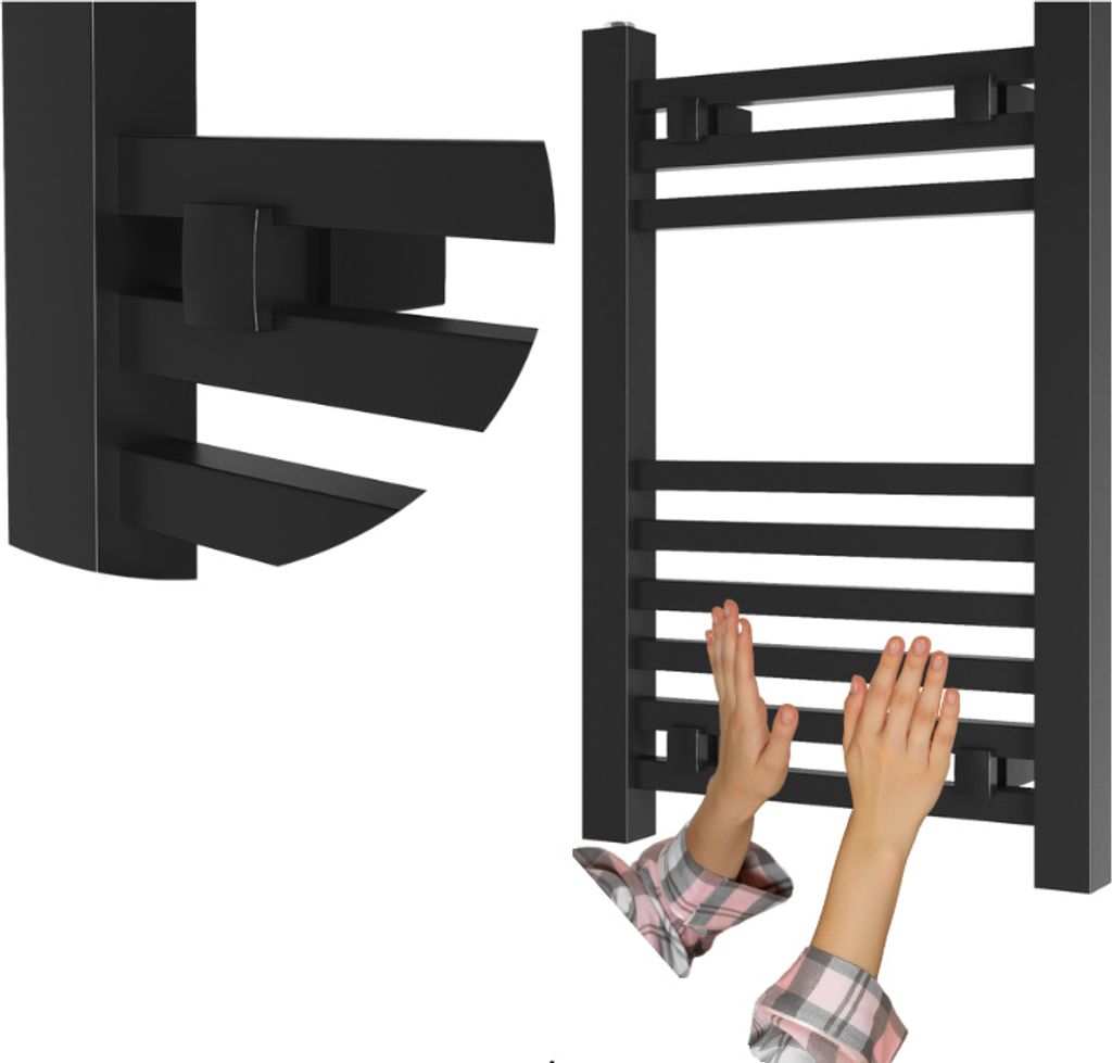 Granitan | Badheizkörper Bergen - 60x40 cm - Schwarz - Modernes Design - Praktische Handtuchhalterung