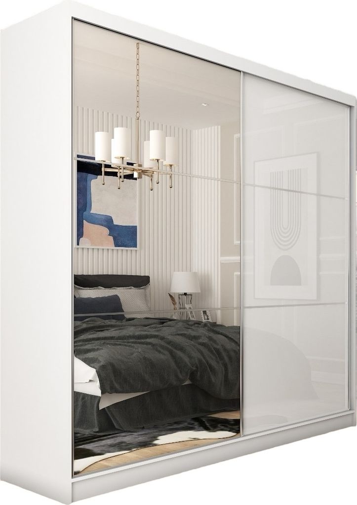 A white wardrobe with mirrored doors reflecting a bedroom interior.