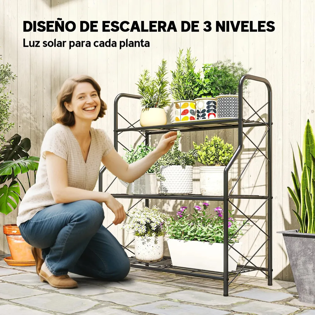 Support plantes design noir 78 cm de hauteur - Étagère métal robuste - 3
