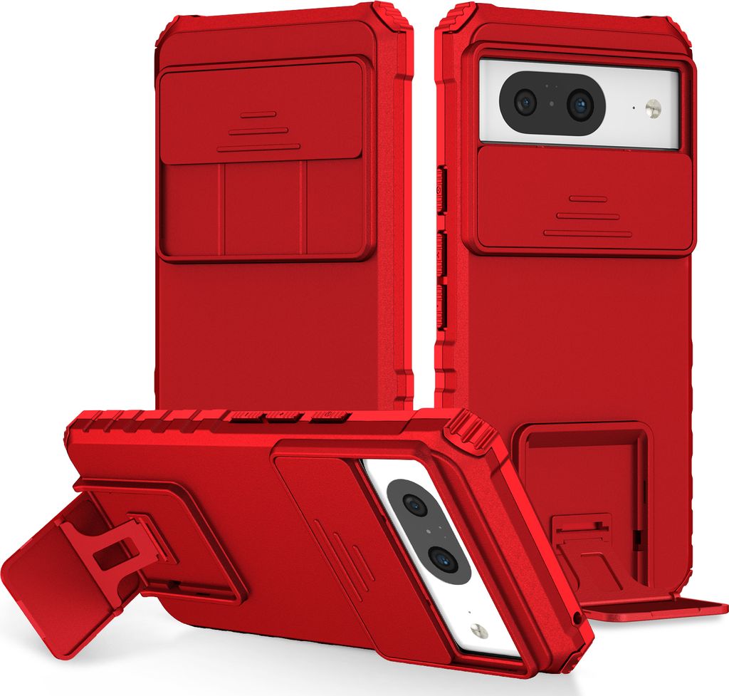 Dual Layer Hülle für Google Pixel 8 Stossfest Robust Ständer Schutzhülle mit Schiebe Kamera Schutz Rot