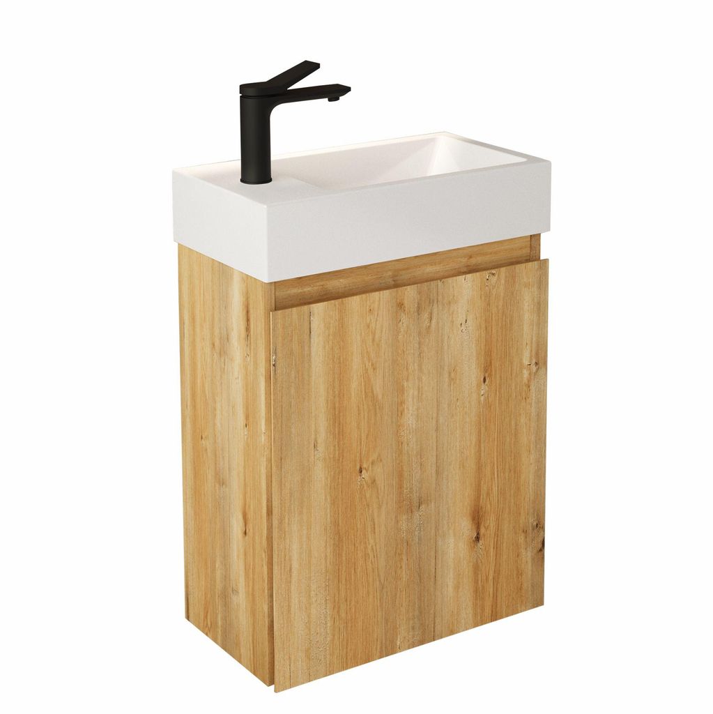 Waschbecken mit Unterschrank 40 cm Natur Eiche – JINDOLI Waschtisch Set mit schwarzer Armatur & Mineralgussbecken, vormontiert für Gäste-WC