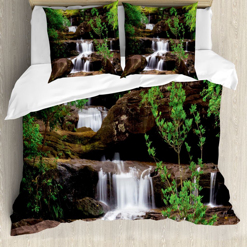 ABAKUHAUS Wasserfall Bettbezug, Rock Treppe in Wasserfall, Milbensicher Allergiker geeignet mit Kissenbezügen, 155 cm x 220 cm - 80 x 80 cm, Braun...