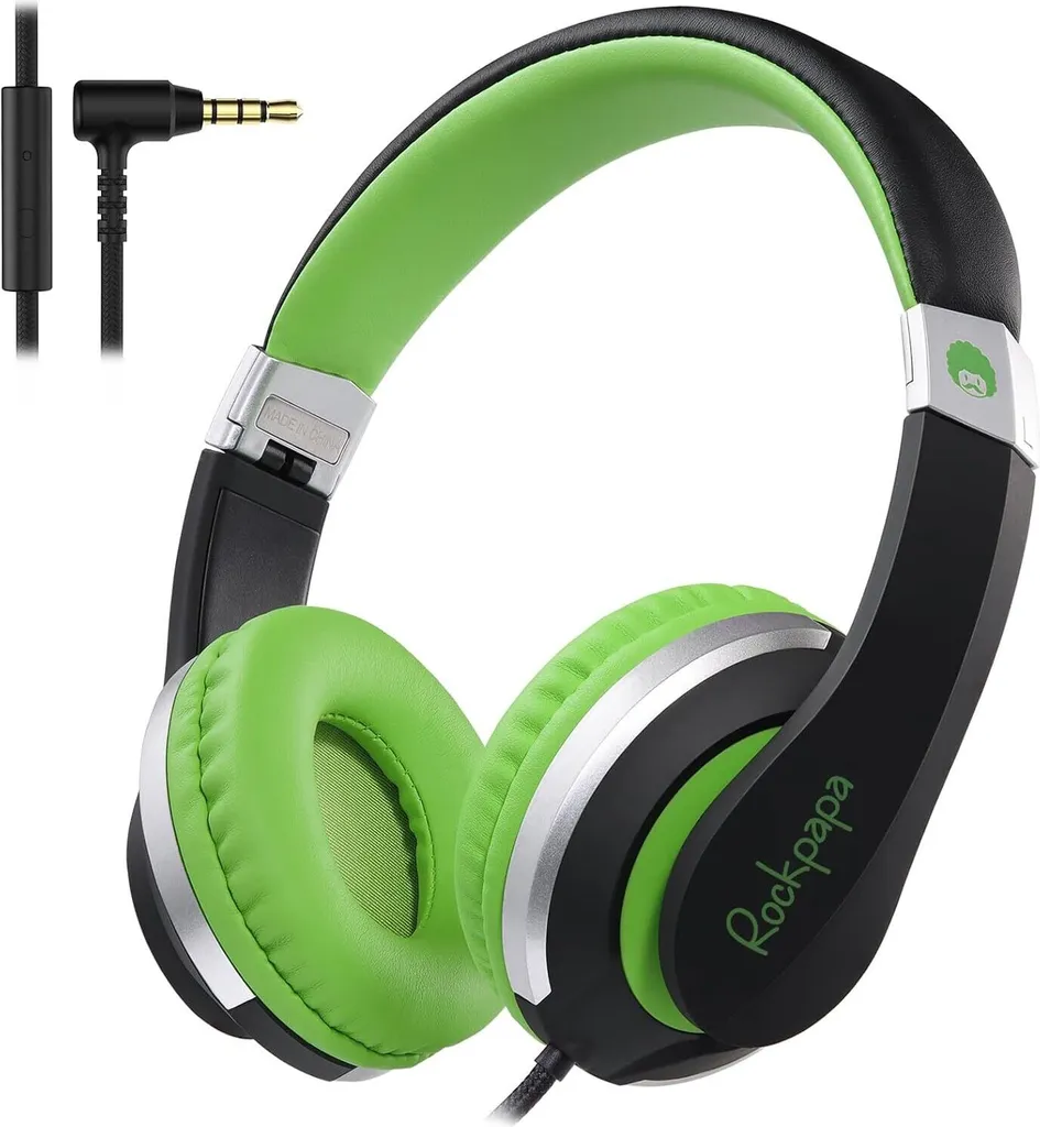 Cuffie per bambini con cavo per ragazza e ragazzo, microfono HD, pieghevole, jack per cuffie da 3,5 mm per cellulare, tablet, PC, nero verde