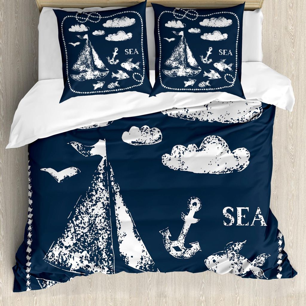 ABAKUHAUS Navy blau Bettbezug Set, Meer Themad Hand Druck Grunge Elemente Marine Unterwasser Yacht Cruise Collection, 155 x 220 cm + 80 x 80 cm, Weiß