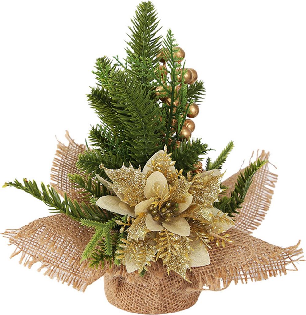 Kleine künstliche Weihnachtspflanzen mit Jute-Sockel, künstliche Kiefernzweige mit roten Beeren/Weihnachtssternen, für die winterliche Dekoratio...