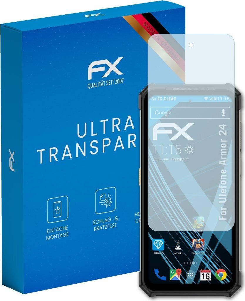 atFoliX FX-Clear 3x Schutzfolie kompatibel mit Ulefone Armor 24 Displayschutzfolie