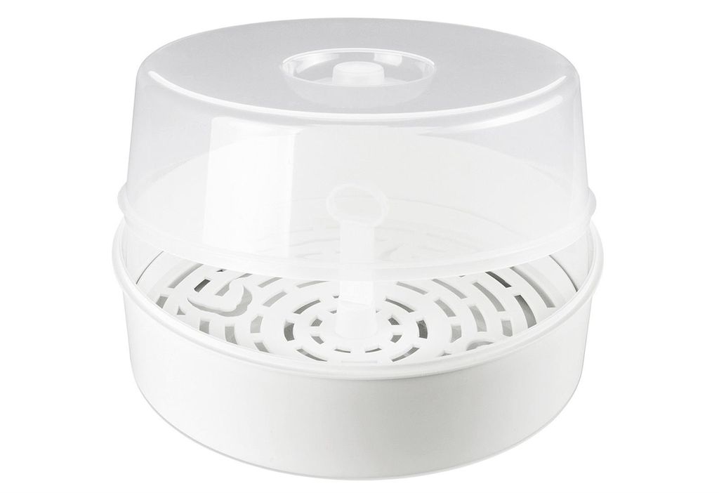 A white and clear plastic baby bottle sterilizer is shown against a white background.