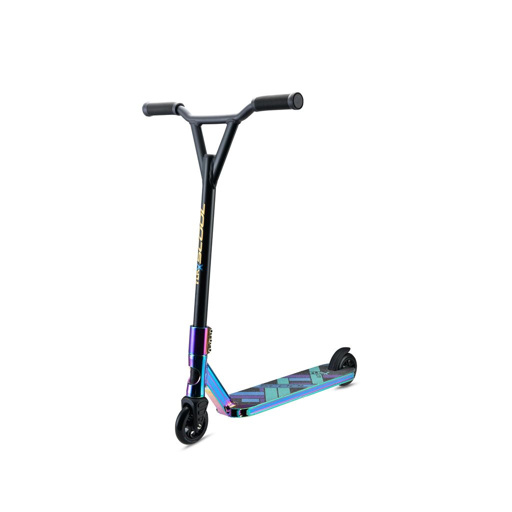 A stunt scooter is shown against a white background.