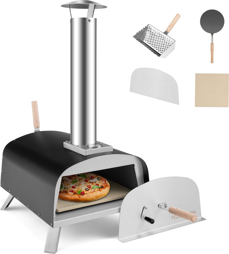 KOMFOTTEU Pizzaofen Outdoor, tragbarer Holzofen mit Pizzastein Pizzaschaufel Thermometer, Pizza Ofen aus Edelstahl, Pizza Backofen Gas Ofen für Gr...