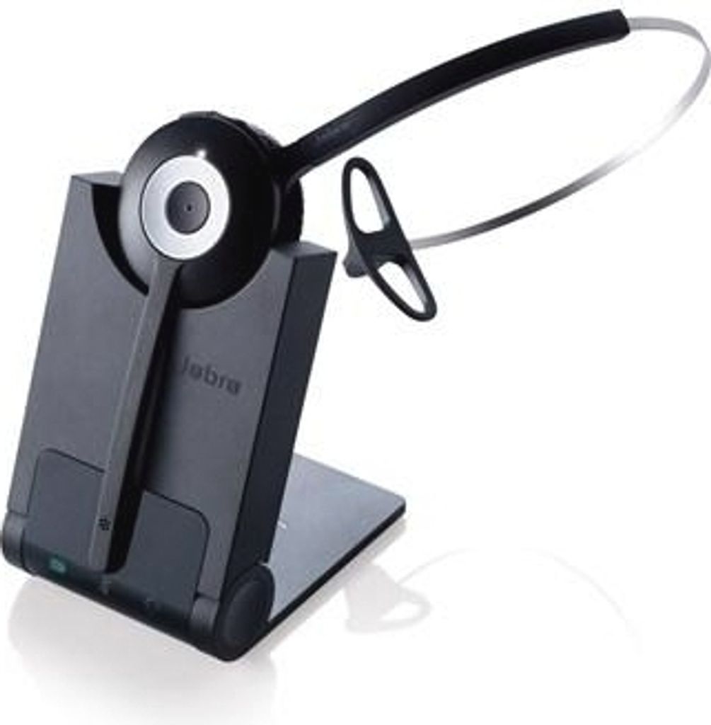 A black Jabra wireless headset and its charging dock are shown against a white background.