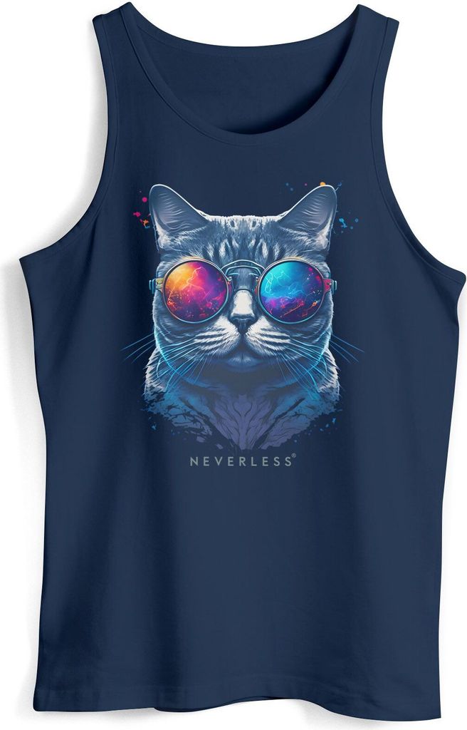 Herren Tank-Top Aufdruck Katze Cat Sommer Style Fashion Streetstyle Muskelshirt Muscle Shirt Neverless navy L