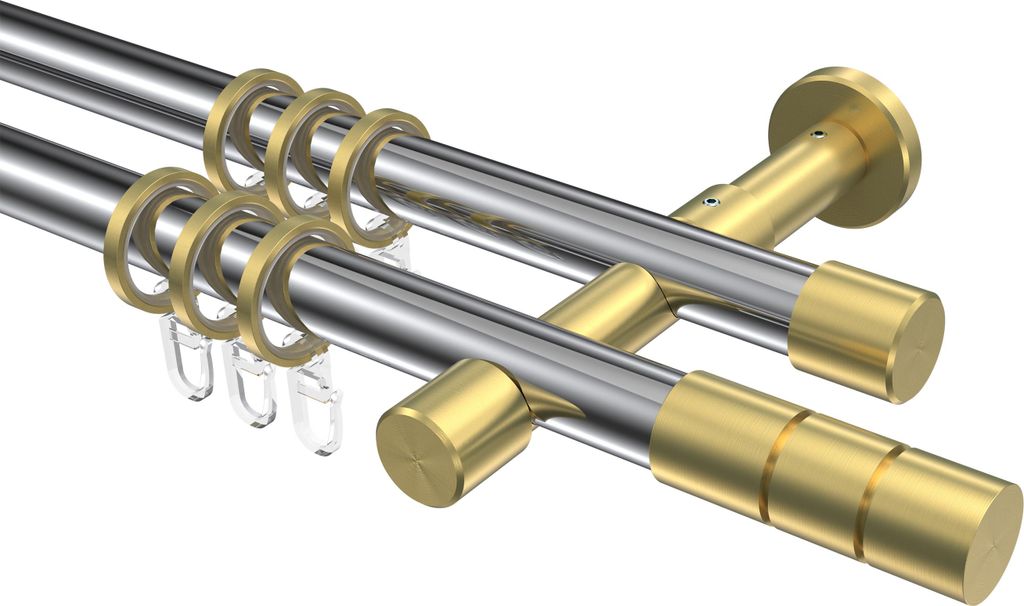 Interdeco Gardinenstange / Vorhangstange Chrom / Messing-Optik, Typ Prestige Elanto (Rillenzylinder), 20 mm Ø 2-läufig, 100 cm
