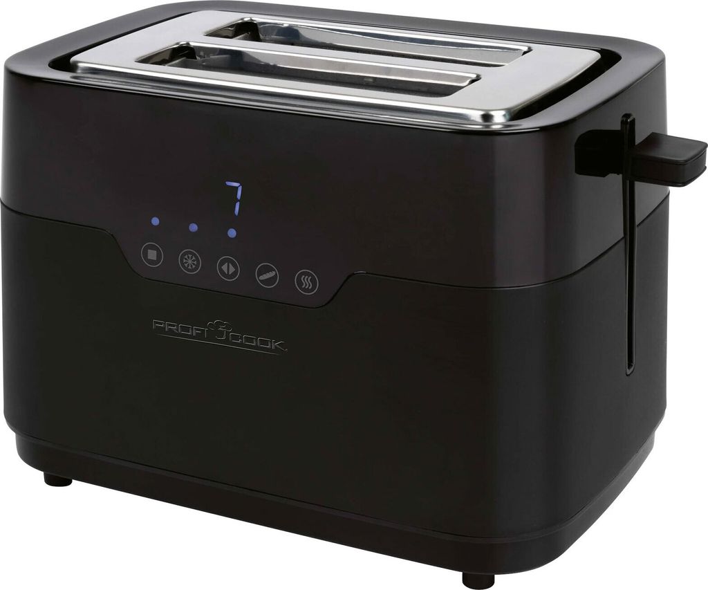 A black toaster is shown against a white background.