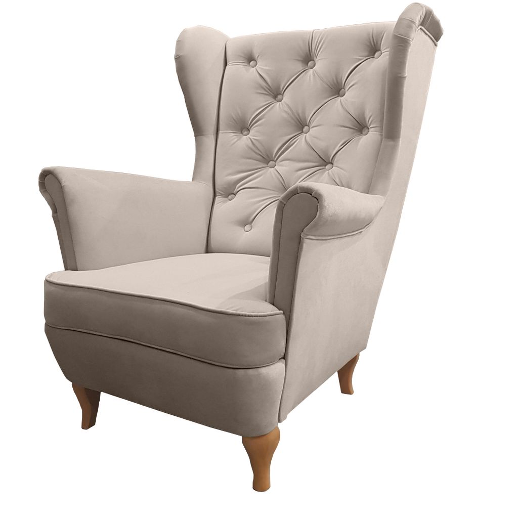 Beige Ohrensessel aus Velours Falco Sessel mit Holzbeine Produktbild 