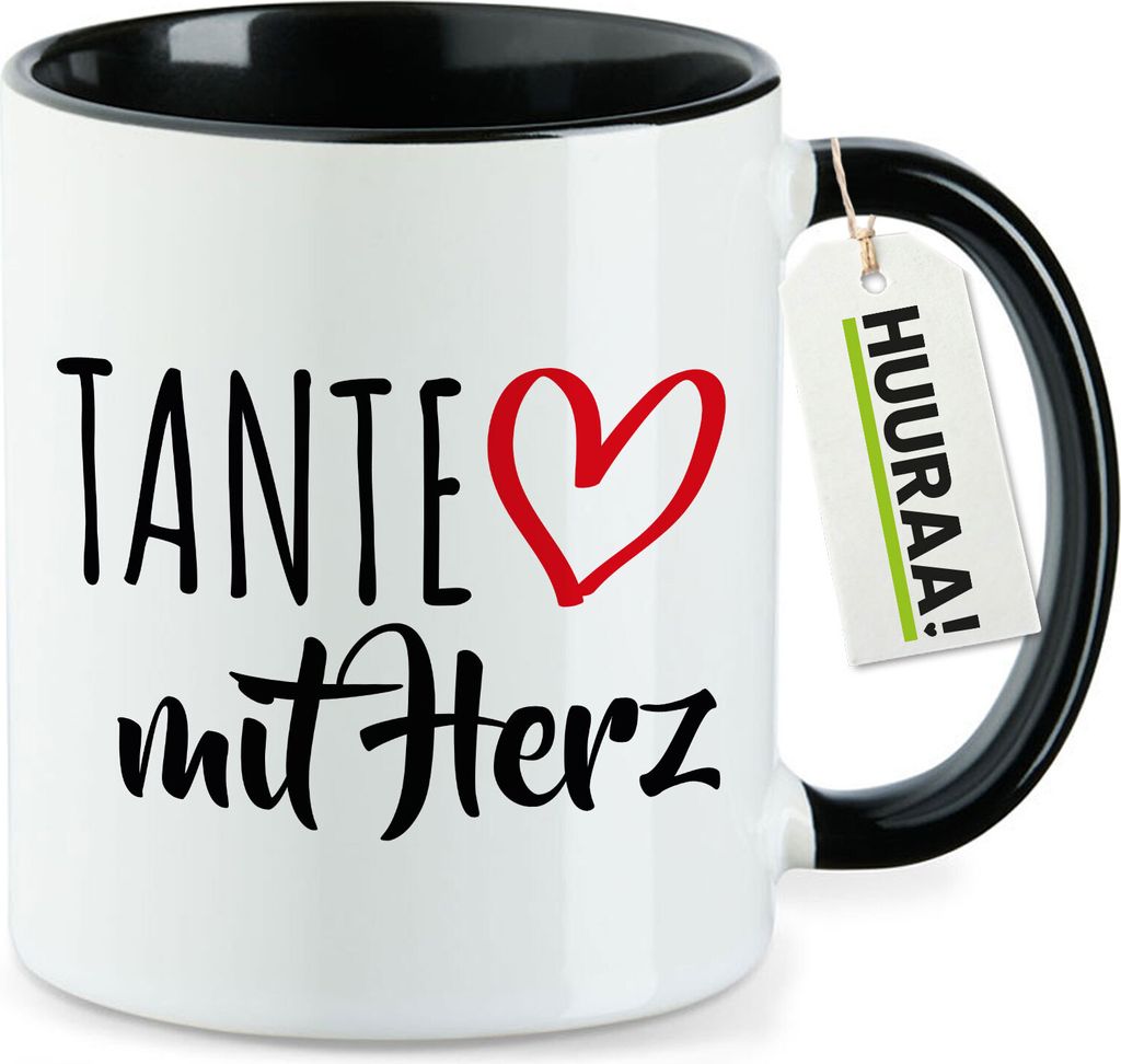 Huuraa Kaffeetasse Tante mit Herz 330ml Schwarz Keramik Kaffeebecher Geschenkidee