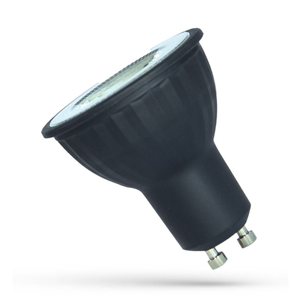 A black LED light bulb with silver connectors against a white background.