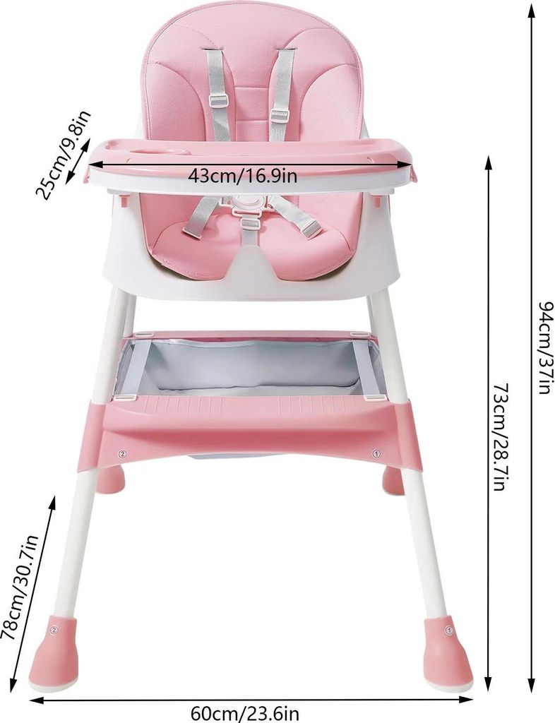 Rosa Kinder Hochstuhl - Verstellbarer Baby Essstuhl/Booster - Leicht - 5-fach verstellbares Tablett - Aufbewahrungskorb - 6 Monate-6 Jahre - 80 kg ...