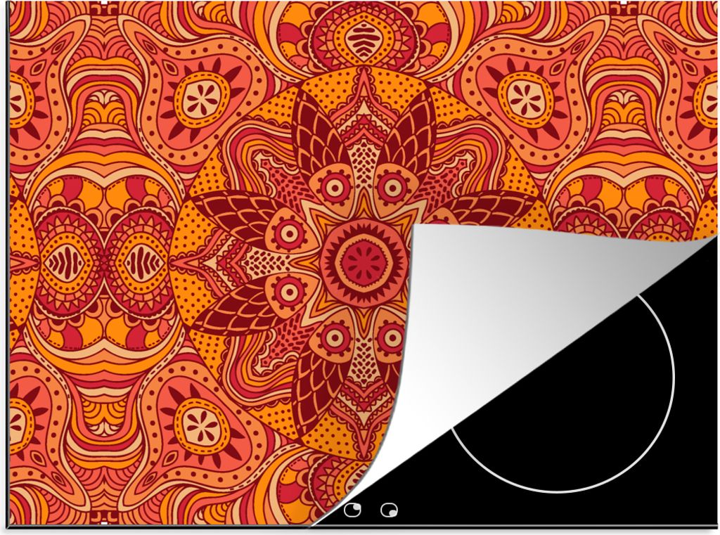 KitchenYeah Herdabdeckplatte Mandala - Muster - Vintage - Orange - Rot , 75x52cm, Küche Deko, Glaskeramikkochfeld Herdabdeckung, Abdeckplatte f...